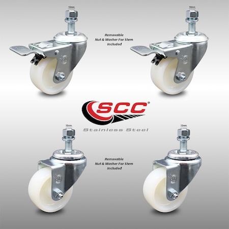 Service Caster 3 Inch SS Nylon Wheel 12mm Threaded Stem Caster Total Lock Brake SCC, 2PK SCC-SSTSTTL20S314-NYS-M1215-2-S-2